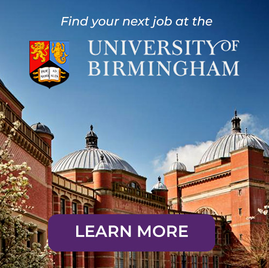 A photography of the University of Birmingham advertising their current jobs and vacancies with a 'learn more' button
